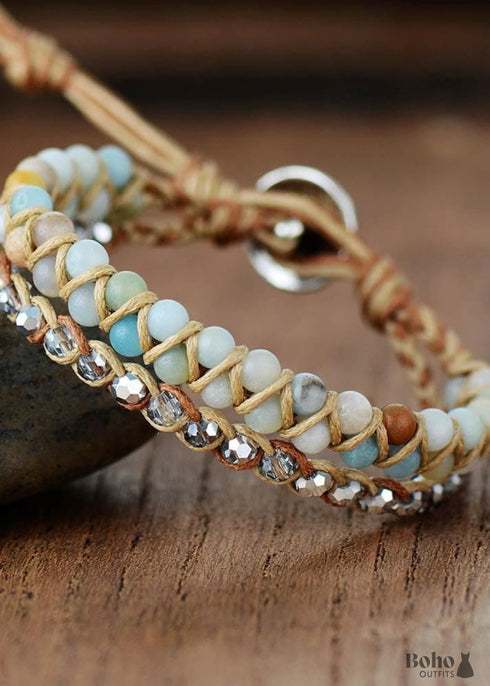 Boho Bracelet, Leather Wrap Bracelet, Light Blue Amazonite